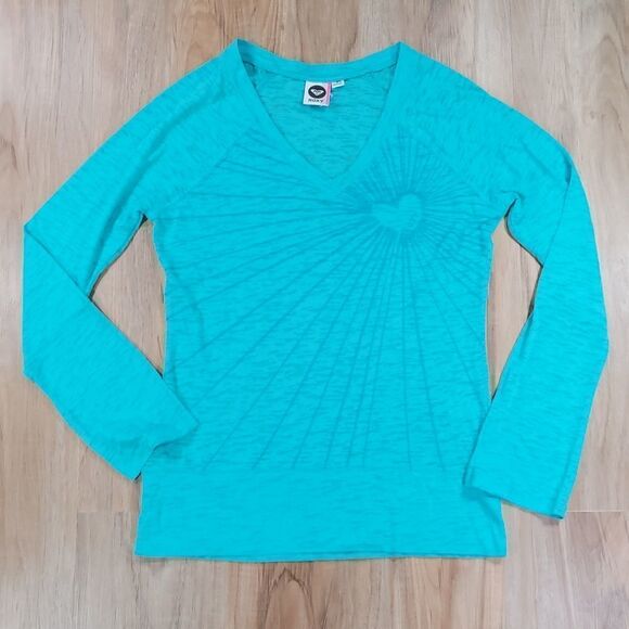 💜Roxy Turquoise Vneck Burnout Long Sleeve Top Large - Picture 1 of 10